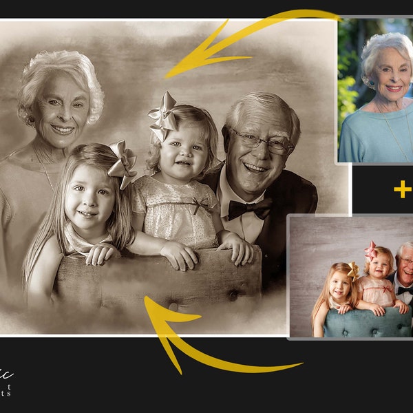 Kombinieren Sie mehrere Familienbilder, fügen Sie Menschen zum Bleistiftportrait hinzu, fügen Sie aus Fotos zusammen, fügen Sie verstorbene geliebte Menschen zum Foto oder fügen Sie ein persönliches Geschenk hinzu