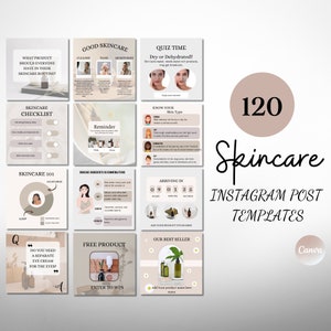 May include: A set of 120 Instagram post templates for skincare. The templates feature a variety of designs, including a checklist, a quiz, and a reminder. The templates are designed to help you create engaging and informative content for your skincare brand.