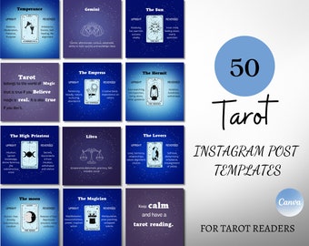 May include: A set of 50 tarot card Instagram post templates for tarot readers. The templates feature a blue and purple starry night background with a white outline of a tarot card and its name. The text "50 Tarot Instagram Post Templates" is written in black on a blue circle. The text "For Tarot Readers" is written in black below the circle. The text "Canva" is written in white on a blue circle.