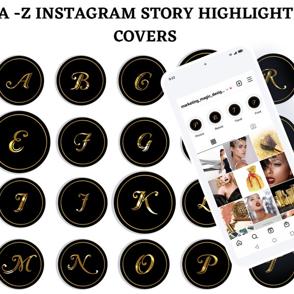 Schwarze Instagram Highlight Cover mit goldenen Schriften, Schwarz und Gold Highlights, A-Z Alphabets Instagram Story Highlights Icon, Gold und Schwarz