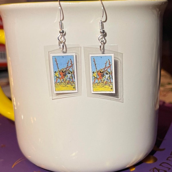 Five of Wands Mini Tarot Card Earrings