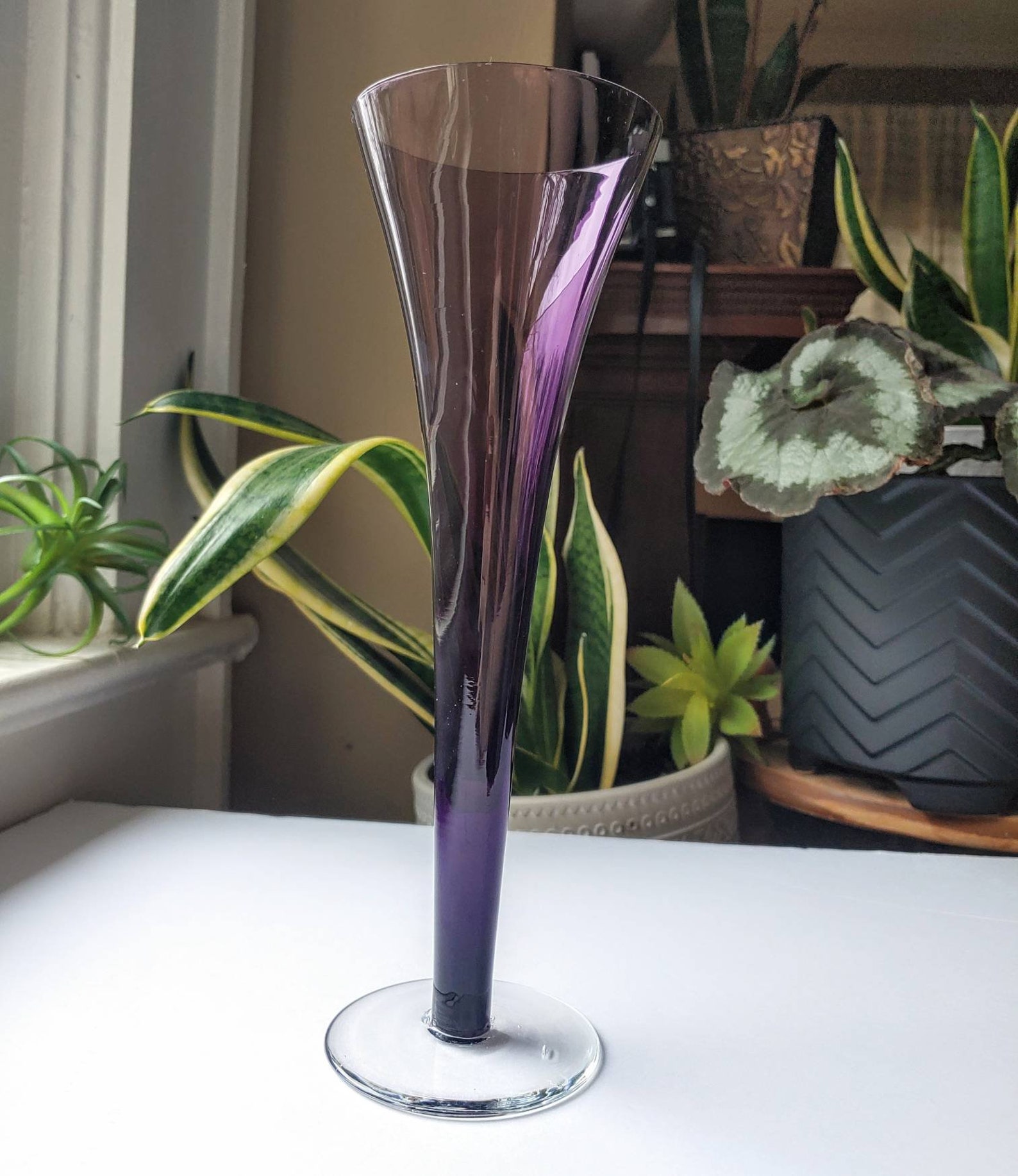 Tall Thin Purple Gradient Vase With Clear Base. Vintage Floral Etsy