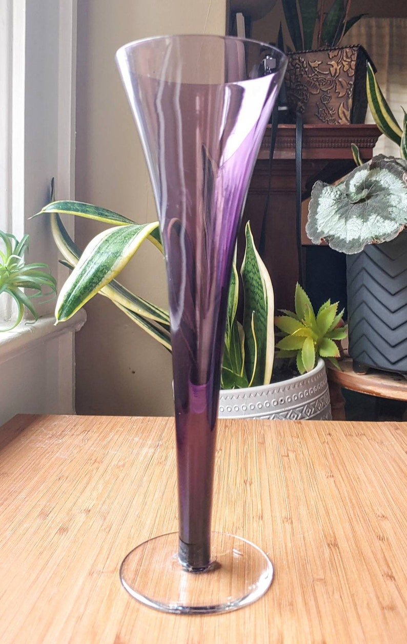 Tall Thin Purple Gradient Vase With Clear Base. Vintage Floral Etsy
