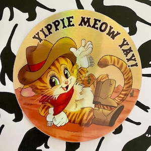 Sticker en vinyle holographique chat mignon cowboy kitty