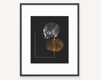 Halloween Wall Print, Spooky Art Print, Skeleton Print, Pumpkin Print, Halloween Decor