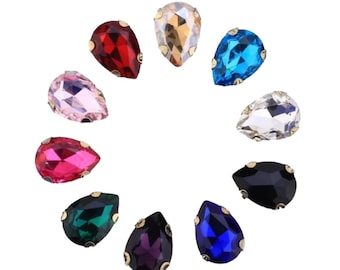 14x10 mm Tear Drop Rhinestone Beads - Sew On Gemstones in Gold Setting - 10 Pcs - Sew On Rhinestone for Wedding Dress Shoes Bags