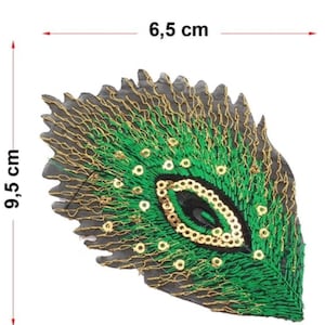 Green Peacock Feather Iron-On Patch: Embroidered Boho Applique