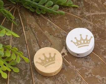 Crown Motif Wooden Beads - Rustic Hole Design (10 Pcs)