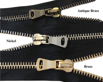 4" to 59 Inch Heavy Duty Closed End Zippers #8 / Handbag-Zippers - Pick Design Nickel / Antique Brass / Brass Metal Zippers / Only Black