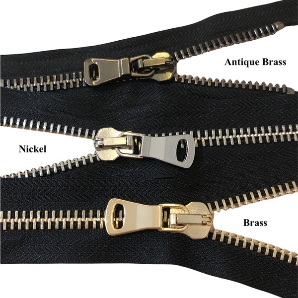 4" to 59 Inch Heavy Duty Closed End Zippers #8 / Handbag-Zippers - Pick Design Nickel / Antique Brass / Brass Metal Zippers / Only Black