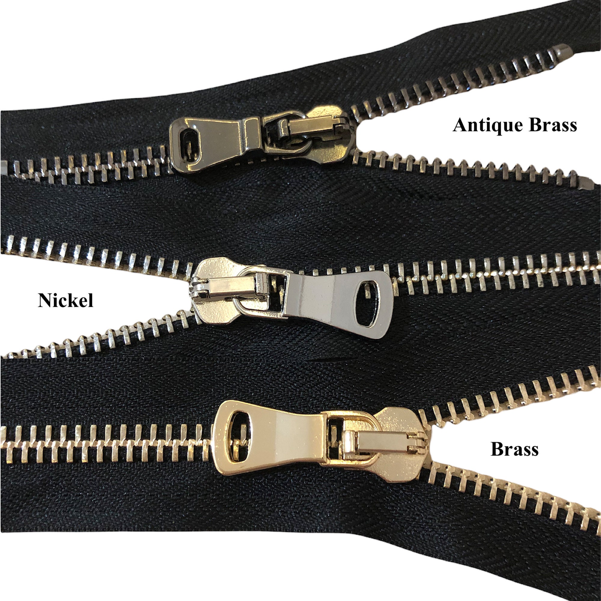 Luxury Gold Silver Teeth Zippers, One Way Metal Zippers for Jackets & Chaps  5 BRASS Opening Select Color and Length 