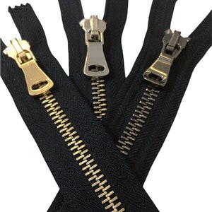 5" to 59 Inch Heavy Duty Separating Black Zippers #8/ Pick Design Nickel / Antique Brass / Brass Metal Zippers