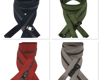 May include: Four zipper closures in different colors: navy blue, green, red, and gray. Each zipper has a metal slider and a herringbone pattern.