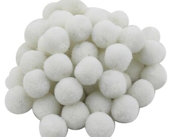 May include: A pile of white fluffy pom poms. The pom poms are soft and round, and they are perfect for crafting or decorating.