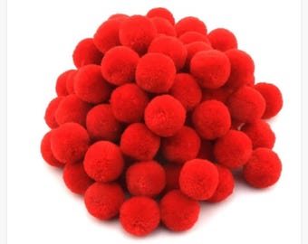 May include: A large pile of red fluffy pom-poms. The pom-poms are soft and fluffy and would be great for crafts or decorations.