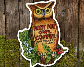 Vintage Owl Coffee Waterproof Sticker. Vintage Stickers, Owl Sticker, Outdoor Sticker, Decal, Junk Journal