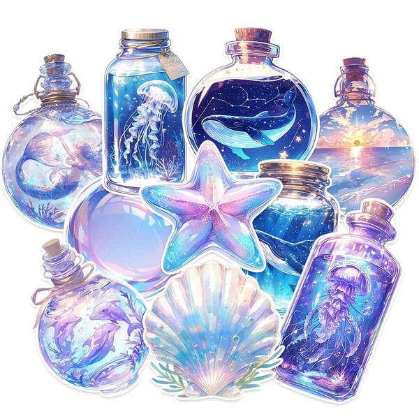 Fantasy Ocean Bottle Stickers - Mermaid Stickers - Whales - Jellyfish - Celestial - Underwater - Sea Shell - Stars - Handmade Gifts.