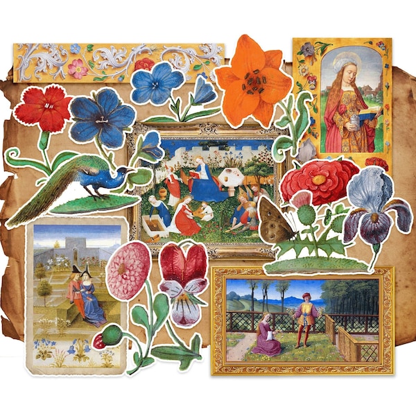 Medieval Garden Sticker Pack - Renaissance Art - History Lovers - Floral Junk Journal - Laptop Stickers.