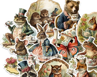 Vintage Woodland Tea Party Sticker Pack. Cottagecore Stickers. Junk Journal Stickers, Animal Stickers, Pretty Stickers.