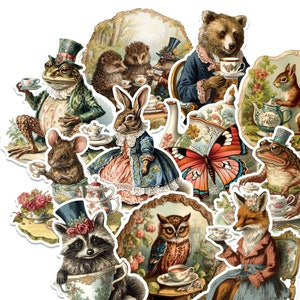 Vintage Woodland Tea Party Sticker Pack. Cottagecore Stickers. Junk Journal Stickers, Animal Stickers, Pretty Stickers.