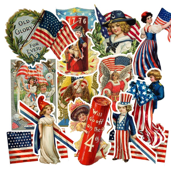 Vintage 4th of July Stickers. 13 Die Cut Stickers. Patriotic Stickers, Junk journal, Ephemera, Victorian stickers, Independence Day gifts.