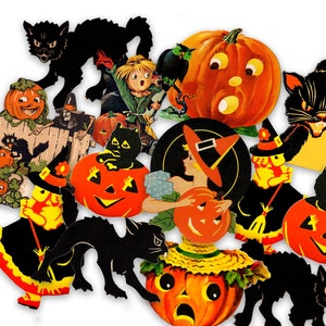 Vintage Halloween Black Cat and Witch Sticker Pack. Retro Halloween, Pumpkin Stickers,  Halloween Decor, Junk Journal.