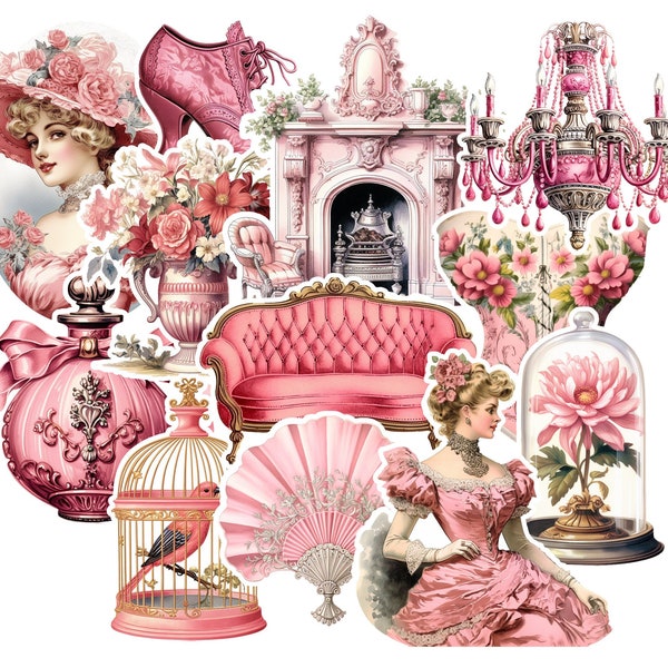 Victorian Pink Sticker Pack. Vintage Stickers, Handmade Gifts, Journal Stickers, Aesthetic Stickers.