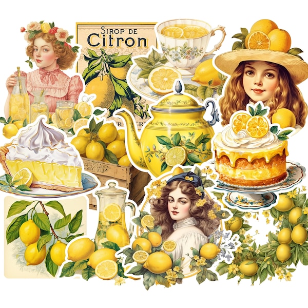 Vintage Lemon and Citrus Sticker Pack. Handmade Gifts, Yellow Junk Journal, Ephemera, Victorian Stickers.