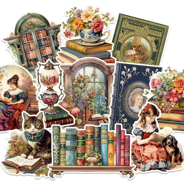 In the Victorian Library Sticker Pack. Vintage Stickers, Book Lovers, Stickers for Journaling, Book Stickers.