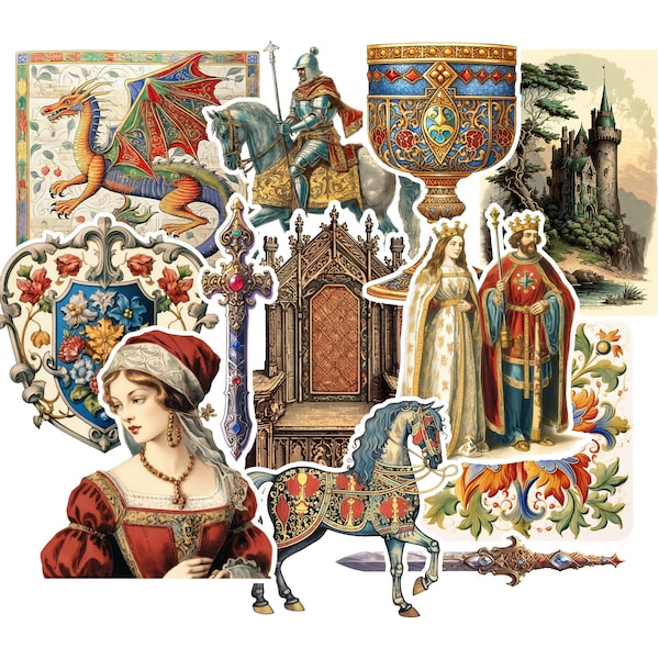 Medieval Renaissance Sticker Pack. Dragon Stickers, History Stickers, Handmade Stickers, Aesthetic Stickers, Fantasy Stickers