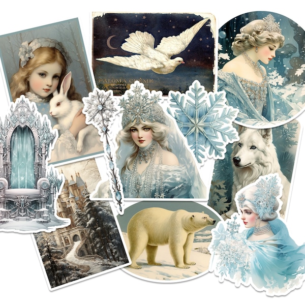 Vintage Snow Queen Sticker Pack. Victorian Ice Queen, Vintage Winter, Vintage Christmas Decor, Journal Stickers, Laptops Stickers.