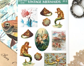 Vintage Mermaid Waterproof Sticker Sheet. A6 Sheet, 10 Stickers, Junk Journal, Water Bottle Sticker, Scrapbooking, Ephemera