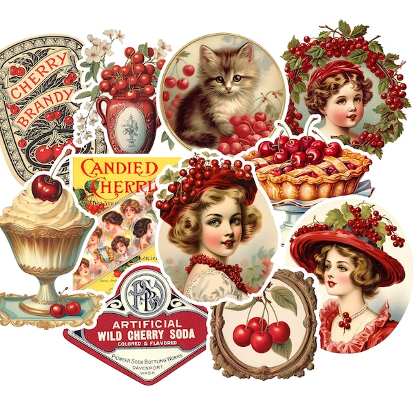 Vintage Cherry Stickers Pack. Red Junk Journal, Ephemera, Victorian Stickers, Craft Supplies.