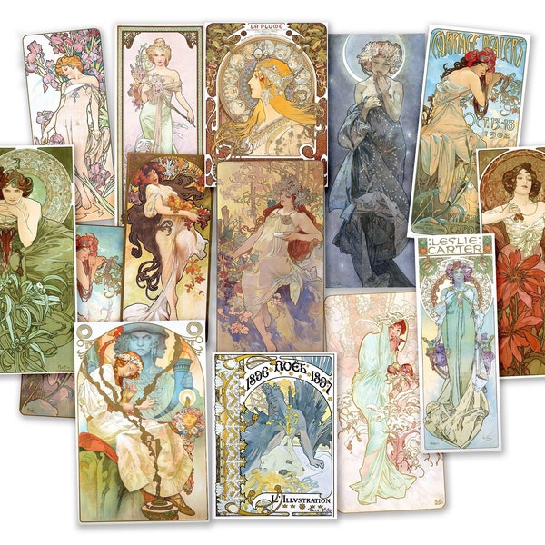 Art Nouveau Sticker Pack. Alphonse Mucha, Art Deco, Goddess Stickers, Handmade Gifts, Vintage Art, Junk Journal, Famous Paintings.