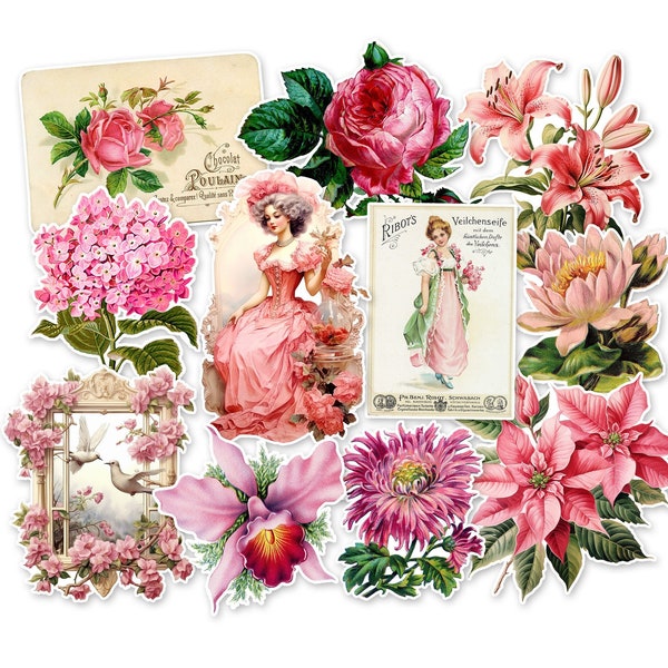 Vintage Pink Flower Sticker Pack. Vintage Stickers, Floral Stickers, Scrapbooking, Junk Journal, Ephemera, Victorian Stickers.