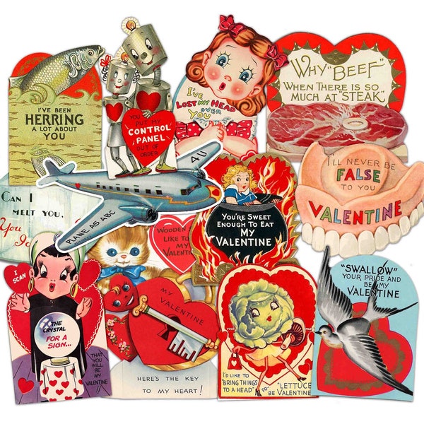 Quirky Vintage Valentine Stickers - Oddities - Unusual, Fun, Kitsch Cute Ephemera, Crafts, Laptop Stickers.
