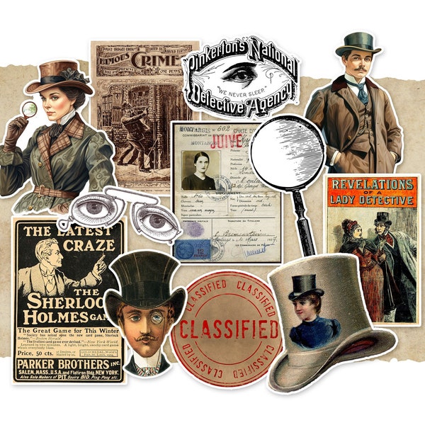 Vintage Detective Sticker Pack. Junk Journal Supplies, Ephemera, Laptop Stickers, Handmade Gifts, Mystery, Victorian Stickers.