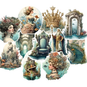 Underwater Kingdom Sticker Pack. Atlantis Stickers, Vintage Stickers, Victorian Stickers, Junk Journal Ephemera, Ocean Decor, Fantasy