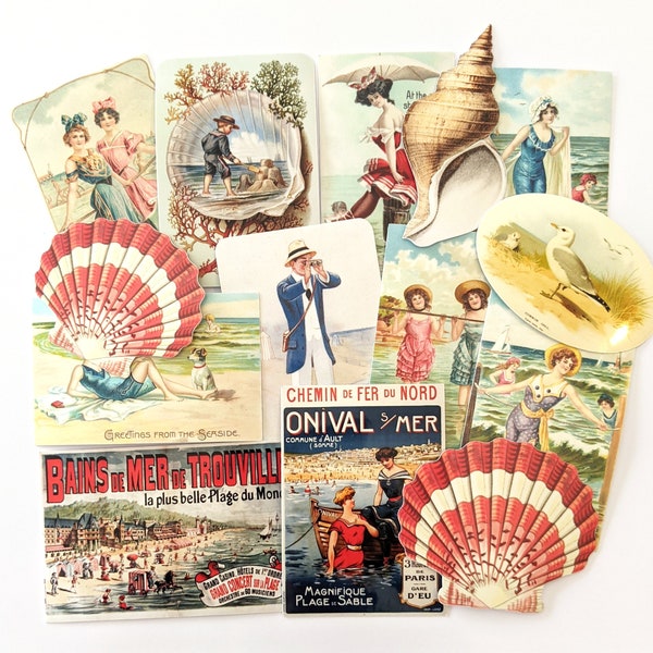 Victorian Seaside Beach Sticker Pack. Vintage Stickers, Handmade Journal Stickers, Seashell Stickers, Nautical Decor