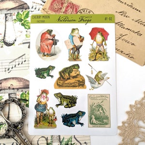 Victorian Vintage Frogs Vinyl Waterproof Sticker Sheet. A6 Sheet, 10 Stickers, Junk Journal, Water Bottle Sticker, Scrapbooking