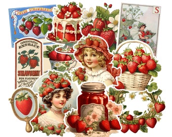 Vintage Strawberry Sticker Pack. Handmade Gifts, Red Junk Journal, Ephemera, Victorian Stickers.