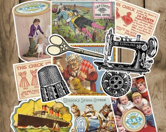 Vintage Sewing Stickers Pack. 18 Die Cut Stickers. Ephemera, Vintage Stickers, Embellishments, Junk Journal Supplies.