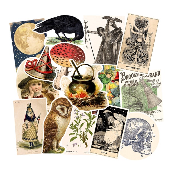 Victorian Witch Sticker Pack. Junk Journal Supplies, Dark Academia, Vintage Stickers, Halloween Stickers, Gothic Stickers.