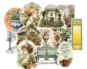 In the Victorian Greenhouse Sticker Pack. Vintage Stickers, Botanical Stickers, Plant Lovers, Garden, Green Thumb.