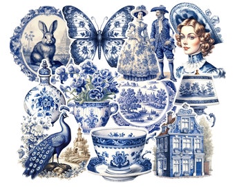 Vintage Delft Blue Sticker Pack. Blue and White Stickers. Pottery Stickers, Vintage Stickers, Victorian Stickers.