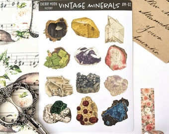 Vintage Waterproof Mineral Crystal Sticker Sheet. Water Bottle Stickers, Junk Journal, Vintage Stickers, Rock Stickers