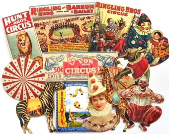 Victorian Circus Stickers Pack. Vintage Carnival, Elephants, Vintage Clowns, Vintage Stickers, Ephemera, Gifts.