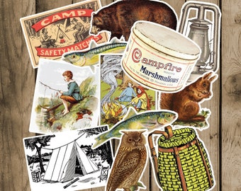 Vintage Camping Sticker Pack. 12 Stickers. Junk Journal, Ephemera, Vintage Stickers, Fishing, Bears, Campfire, Aesthetic Stickers.