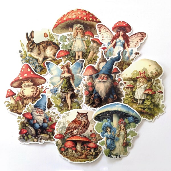 Vintage Enchanted Forest Stickers. Handmade Mushroom Stickers, Cottagecore, Junk Journal Ephemera, Fantasy.