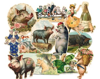 Victorian Pigs Stickers. Vintage Stickers, Junk Journal Supplies, Ephemera, Scrapbooking, Cottage Core.